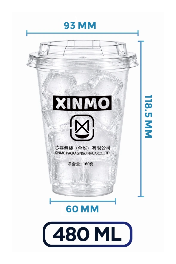 Complete 480 mL PET ice cup with 93 mm rim, 60 mm base and 118.5 mm height dimensions
