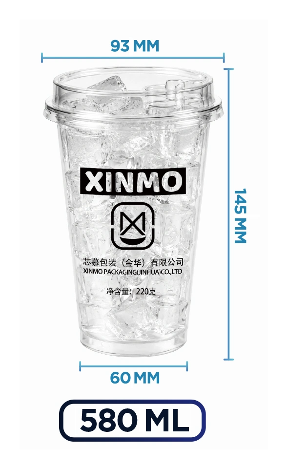 Complete 580 mL PET ice cup with 93 mm rim, 60 mm base and 145 mm height dimensions
